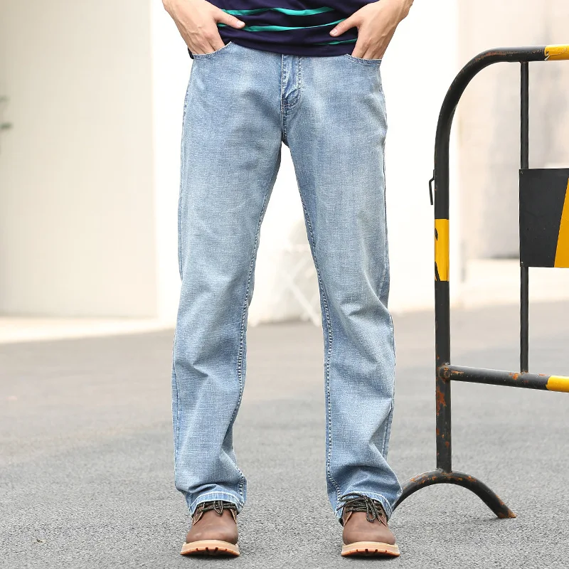 Summer Thin Section Big Size Man Pants  Straight baggy Breathable Denim Trousers Fashion Light Blue Elastic Business Jeans