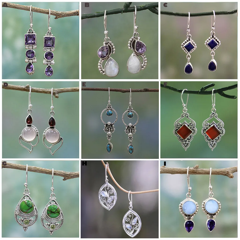 Women Gemstone Dangle Hook Stud Earring sliver color Vintage Jewelry Simple Earrings For Drop Female |