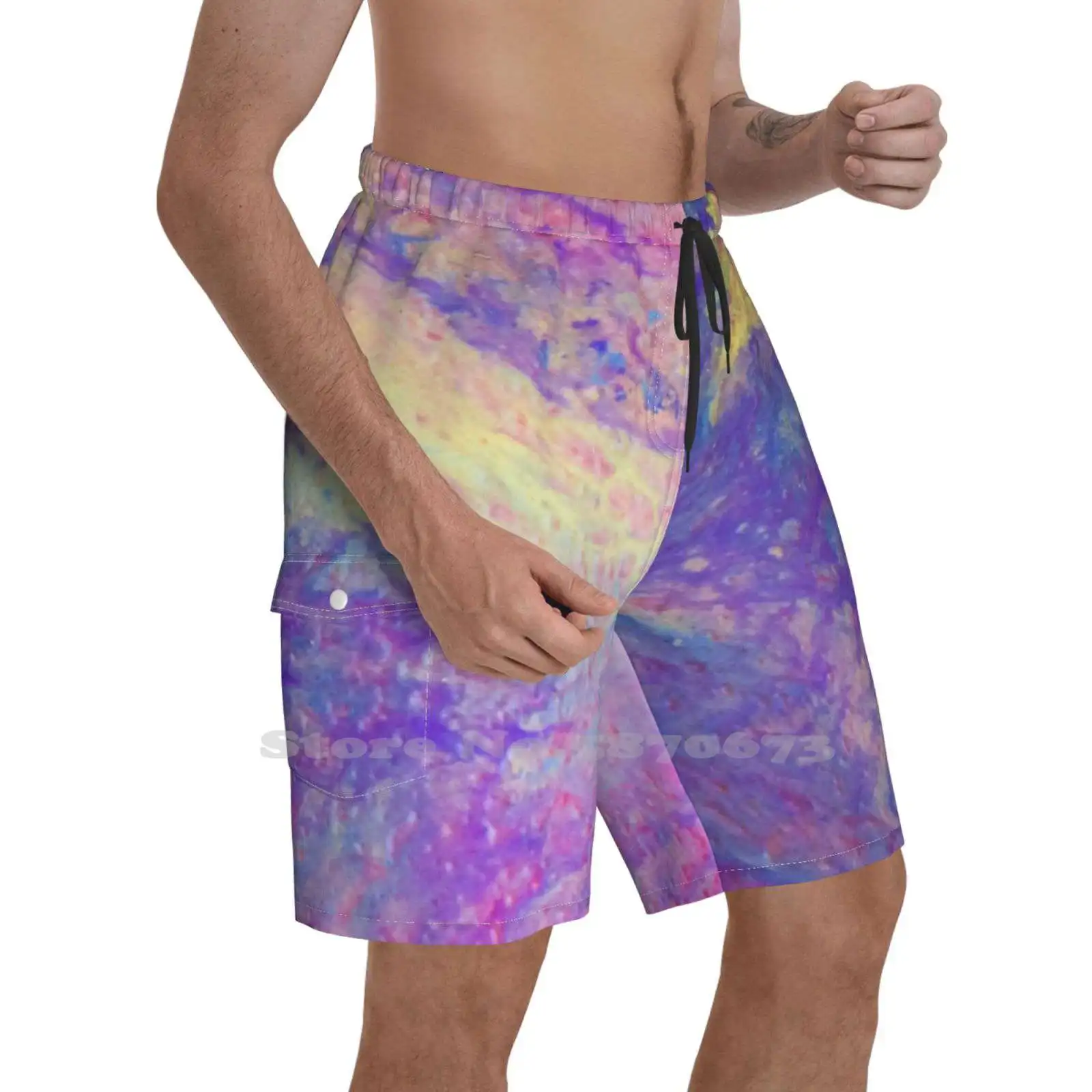 

Dreamy Summer Mens Casual Shorts Gym Training Liquid Glass Paint Pouring Pattern Pink Yellow Purple Rainbow Dream Thinking Happy