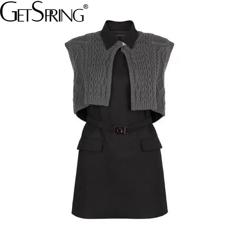 

Getspring Женский комплект платья без рукавов вязаный кардиган пальто Бандажное черное платье без рукавов винтажный костюм из двух предметов ...