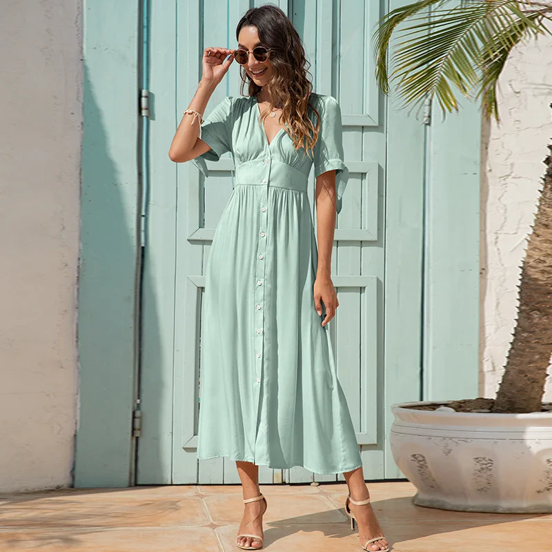 

Yg Foreign Trade Women's Summer New Product Simple Solid Color Slim High Waist Casual Skirt Bow Short Sleeve V-neck Dress