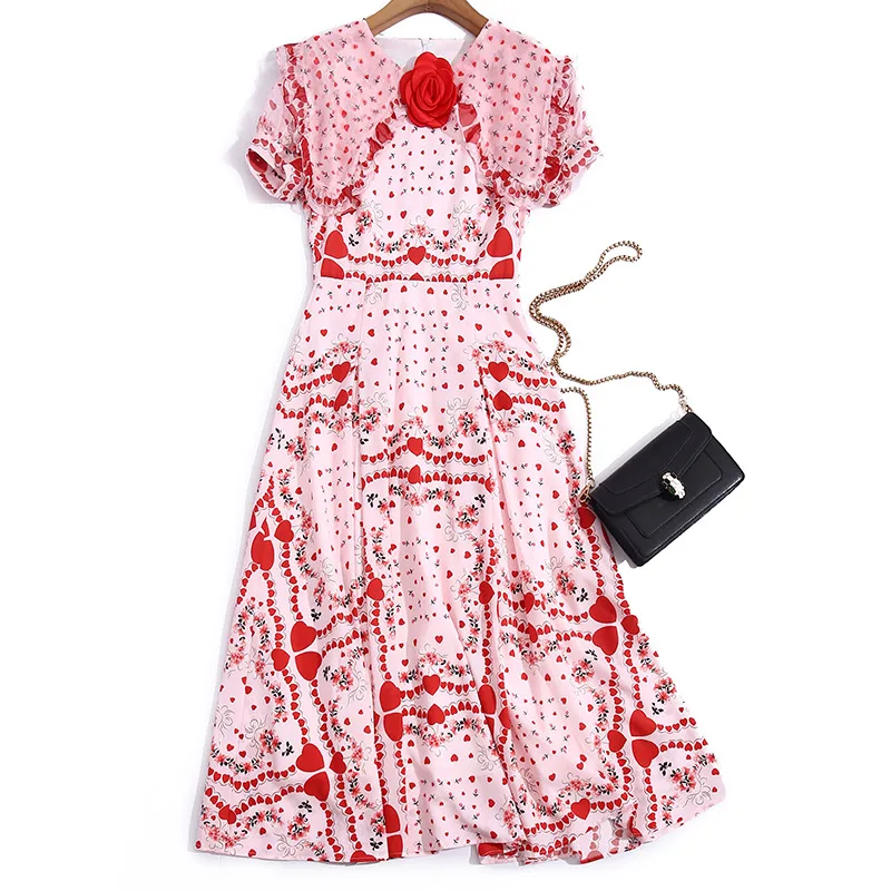 

of 2021 the new ladies polyester printed fashion sweet peach heart round collar short sleeve minus age waist dress