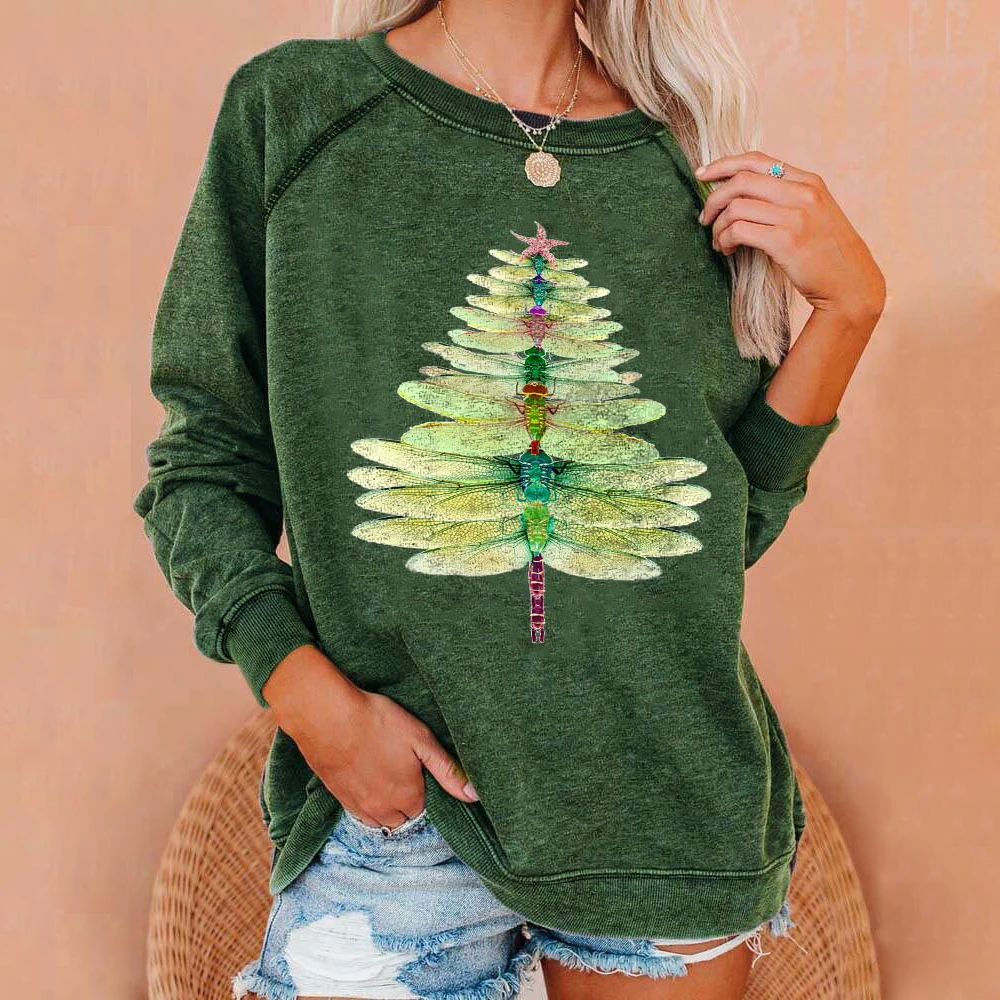 

2021 Christmas Tree Dragonfly Christmas Sweater Anime Hoodie Winter Clothes Women Sweatshirt Harajuku Trousers Suit