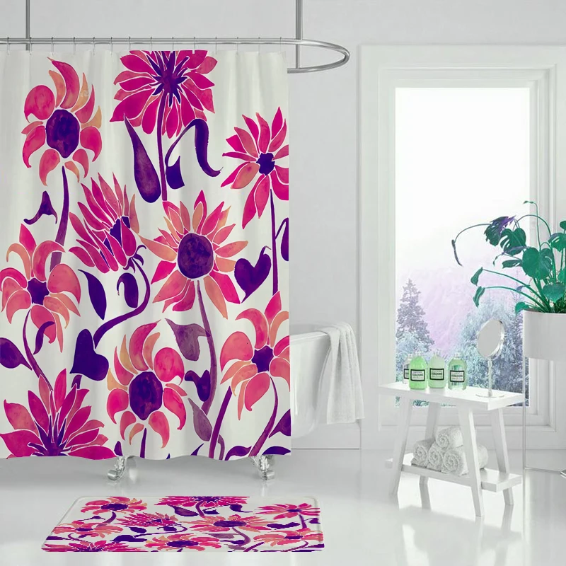 Шторы для ванной украшение комнаты желтые цветы зеленые листья летние растения