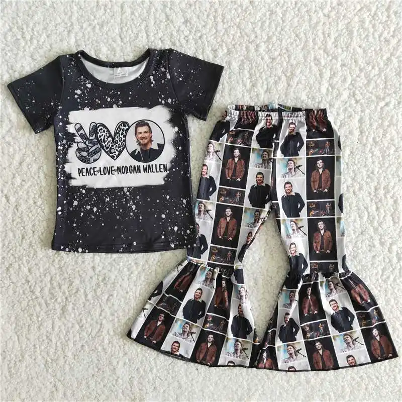 

Toddler Girls Outfits Set Singer Print T-Shirt Long Bell-Bottom Pants For Summer Casual Baby Kids Wear
