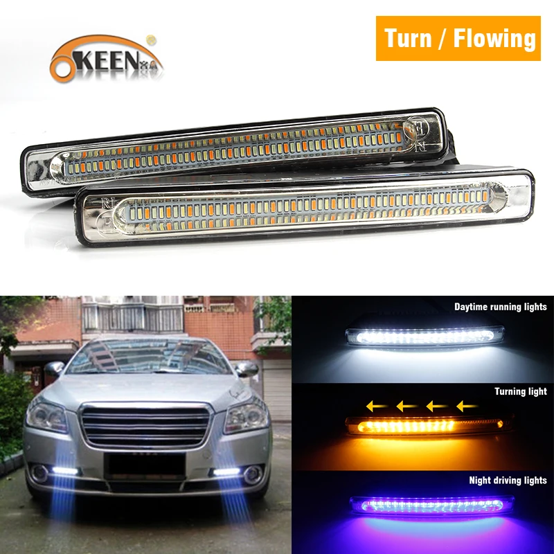 

OKEEN 12V White Yellow Blue 3 in 1 Car led DRL Turning Signal Daytime Running Light Waterproof Turn Sequential Flowing 2pcs