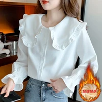 doll collar long sleeved white fashion shirt plus velvet thicken 2022 spring autumn new womens french retro puff sleeves