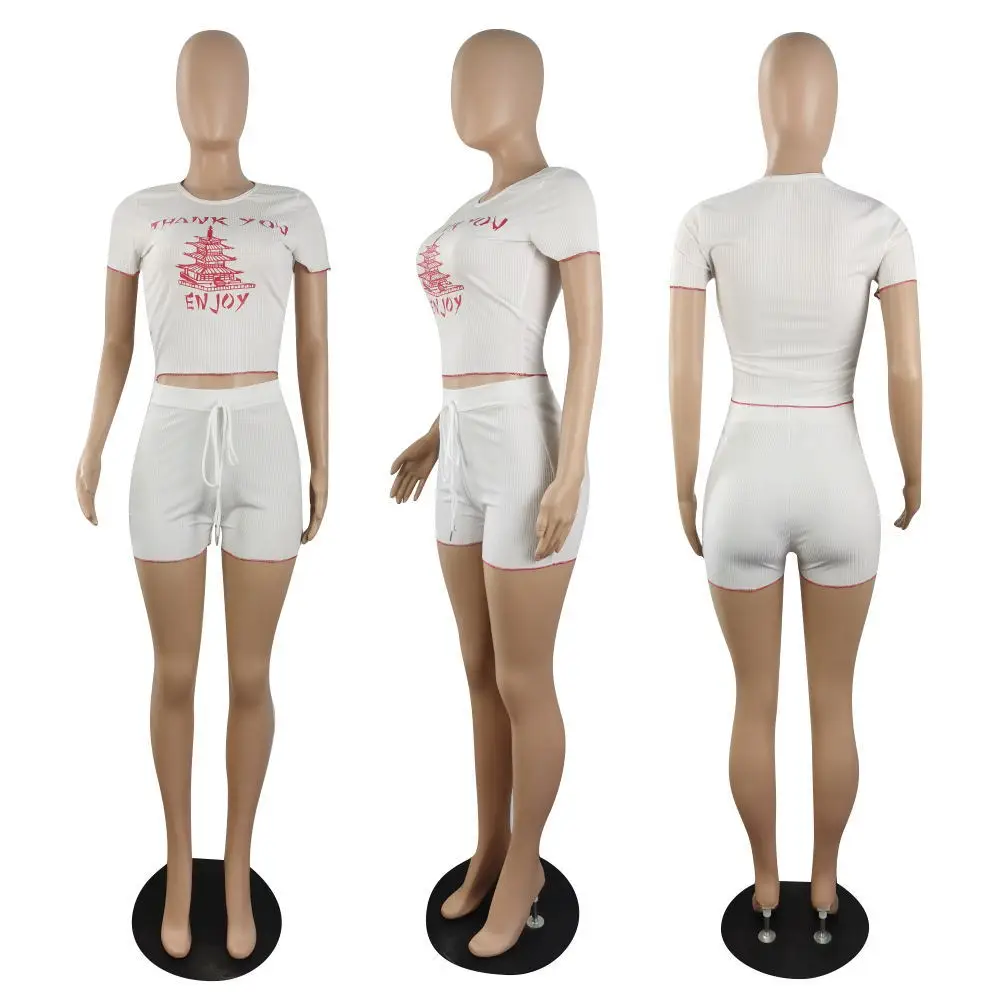 

SSEURAT Women's Set Thank You Letter Tee Tops and Shorts Matching Two Piece Set Fashion Tracksuit Outfits 2021