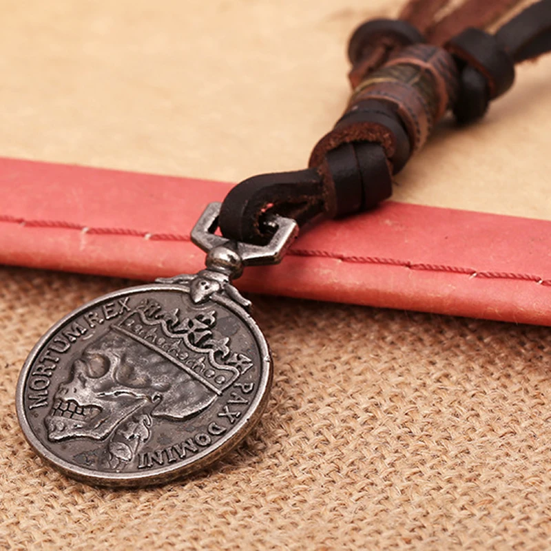 Skull Necklaces Jewelry Men Fashion Round Leather Pendant Retro Gold Coin Vintage Gladiator Style Necklace Unisex New | Украшения и
