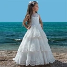 Белое кружевное платье с цветочным рисунком для девочек, свадебные плиссированные платья с оборками для девочек на Первое причастие, Платья для особых случаев для девочек