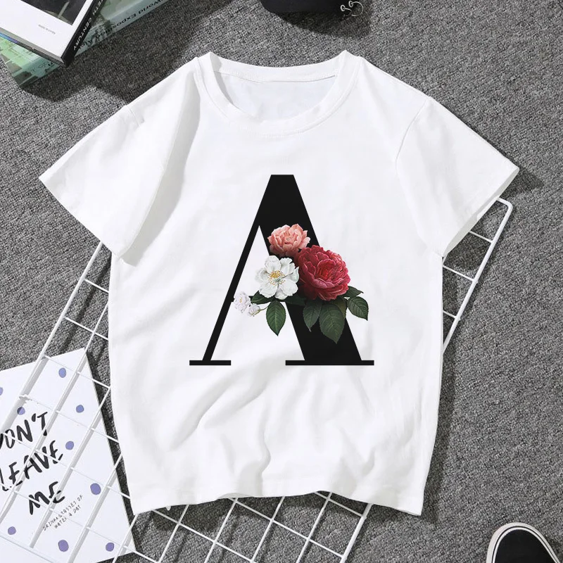 

Graphic Flowers 26 English Alphabet Print Tshirt Harajuku White girls Tops T Shirt kids 2020 Summer Child T-Shirts kids clothes