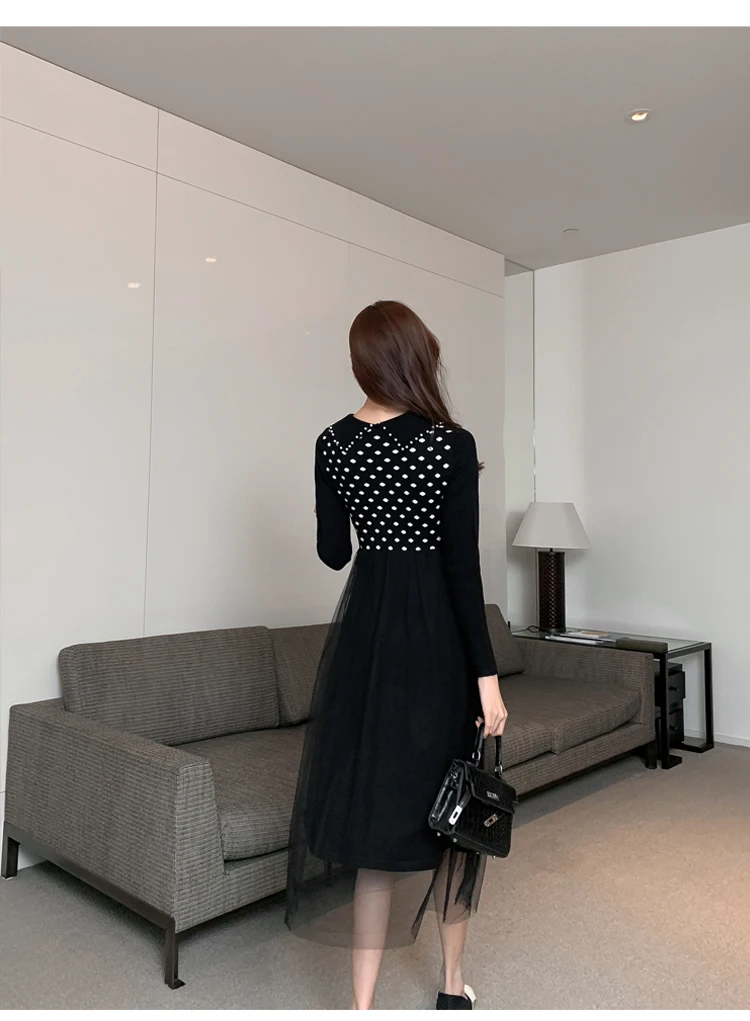 

New Winter Women Knitted Dress Slim Dot Beading Mid-calf Lapel Stitching Mesh Skirt Dress Ladies High-grade Beading Middle Dress