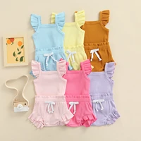 newborn kids baby girls clothing two piece summer cotton outfits solid color flying sleeve tops elastic drawstring short pants