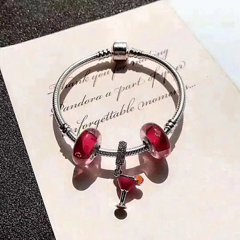 

New 925 Sterling Silver Exquisite Cocktail Glass Pendant With Classic Button Bracelet Fit Original Pan Charm Diy Jewelry