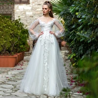 off shoulder long puffy sleeves tulle 2022 ruched bridal gowns custom made lace sparkly tulle a line pearls big size pleated