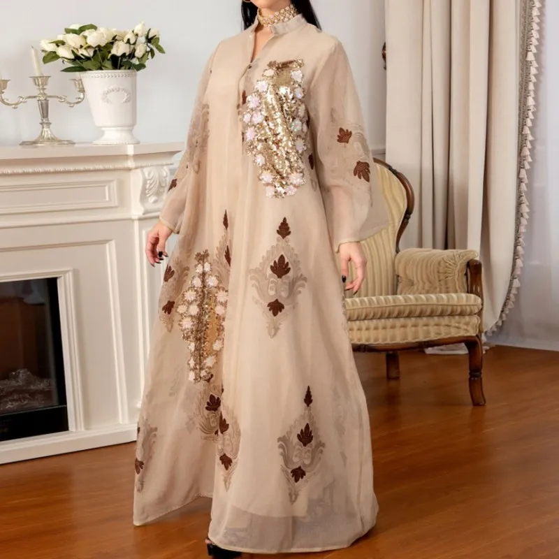 

Женское вечернее платье макси с вышивкой, длинное платье из искусственной пряжи с блестками, свободное мусульманское платье Дубай, абайя, ...