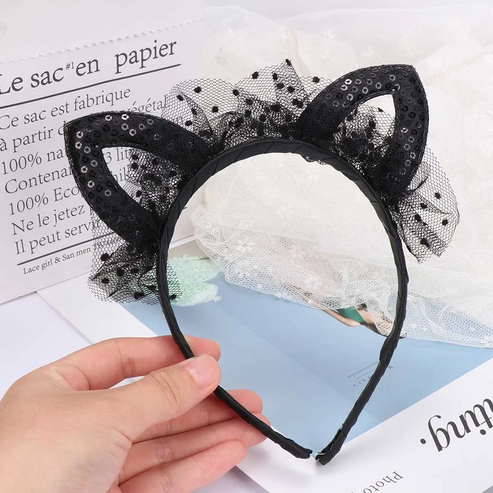 Sweet Cute Kids Cat Ears Shiny Sequins Headband Princess Hairband Lace Children Girls Hair Accessories for Birthday Party | Украшения и
