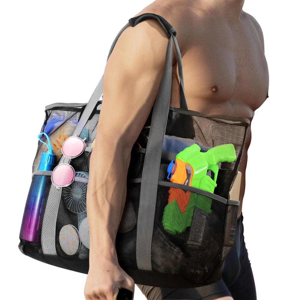 

MOVTOTOP Beach Bag Extra Large Lightweight Mesh Tote Bag Portable Foldable Carry Tote Bag with Many Pockets for Family Beach Vac