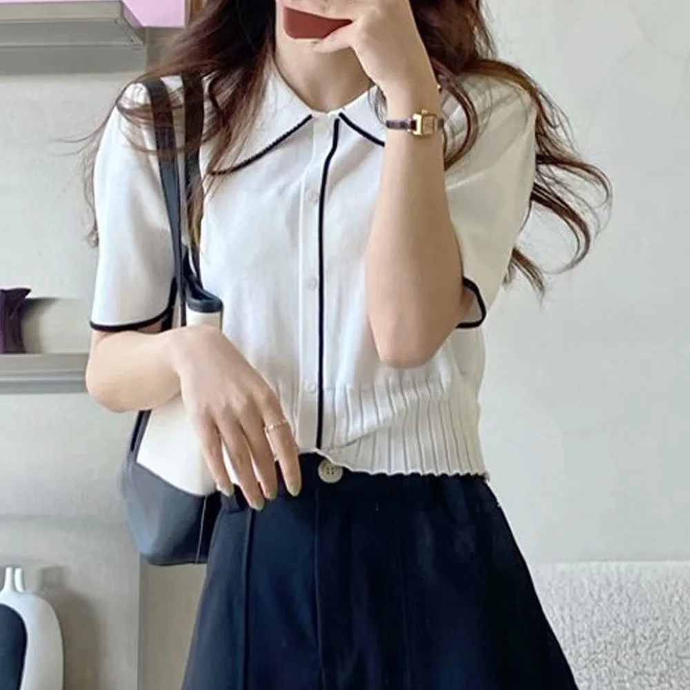 

2021 women's summer new short pleated single-breasted irregular doll collar short-sleeved T-shirt low-waist thin French sweater