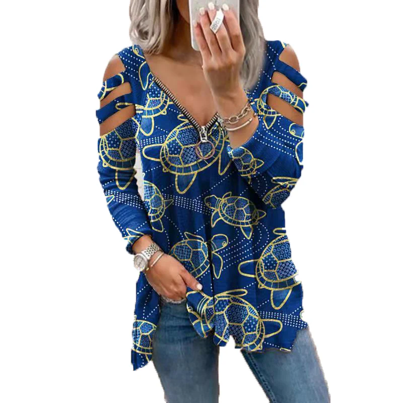

Women Casual Zipper V-Neck Autumn Shirt Tops Sexy Lady Hollow Out Bandage Loose Blusa Harajuku Print Long Sleeve Blouse Pullover