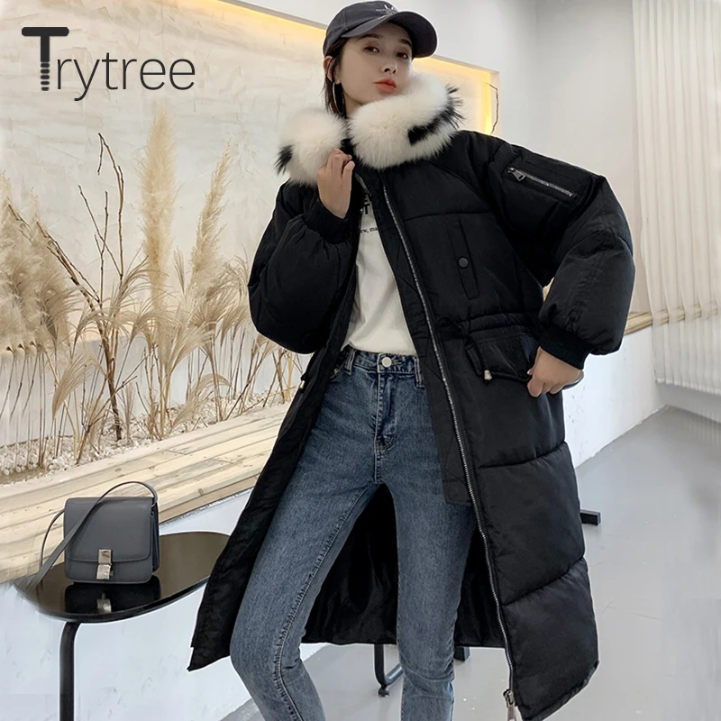 Trytree зимнее женское повседневное пальто с меховым капюшоном на молнии кулиской