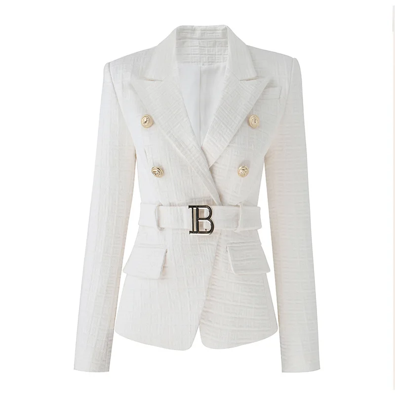 Womens Outfit Personality Design Geometric Pattern Letter Belt Lace-Up Gold Button Blazers Coats Spring Autumn Slim White Jacket