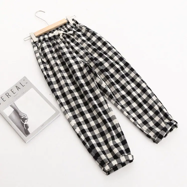 

With simple Plaid cotton casual pants for women