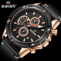 swish mens watches top brand luxury black leather wrist watch for men chronograph waterproof quartz watch relogio masculino 2021