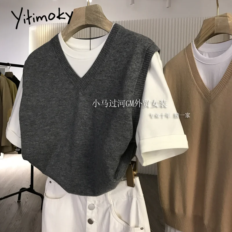 

Yitimoky шерстяной свитер, жилет для женщин в винтажном стиле, топ на бретелях, Y2k вязаный однотонный с О-образным вырезом на шее, Повседневное пл...