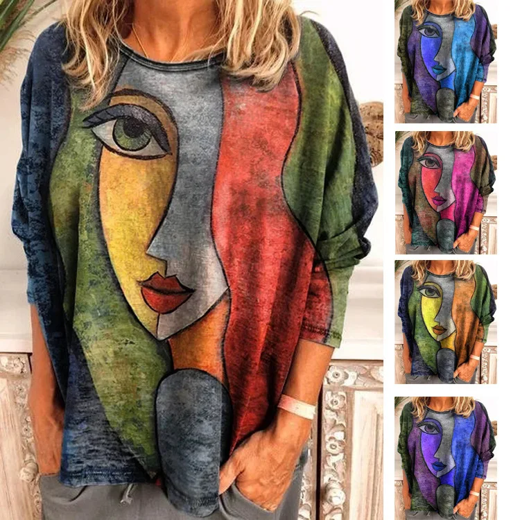 

2021 Hot Winter Spring Women Plus Sizes Casual Large Big Loose Boho Vintage T Shirts Vintage Tops Full Long Sleeve