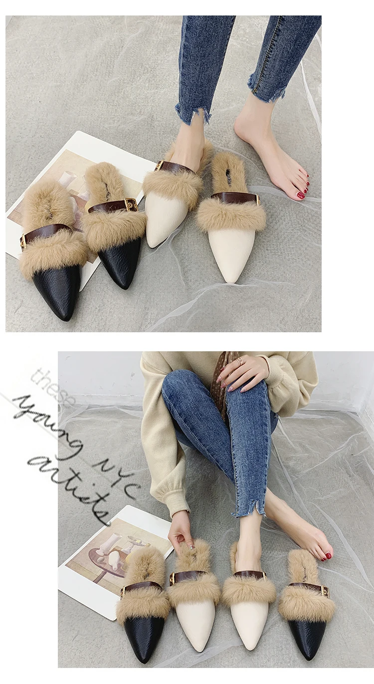 BeautyFeet/; женские летние меховые тапочки; женские плюшевые прозрачные сандалии из искусственного меха с квадратным носком; повседневные уличные шлепанцы на плоской подошве