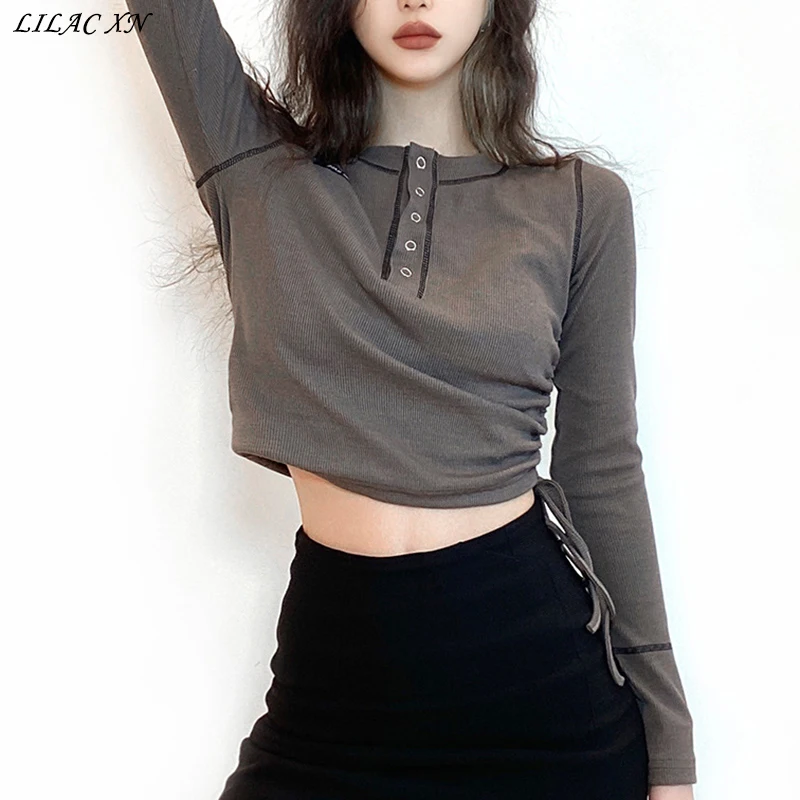 

Lilac XN Goth Button Crop Top Women's T-Shirts Sexy Grey Long Sleeve Bandage Slim Corset Tee Tops Streetwear Women Clothing 2021