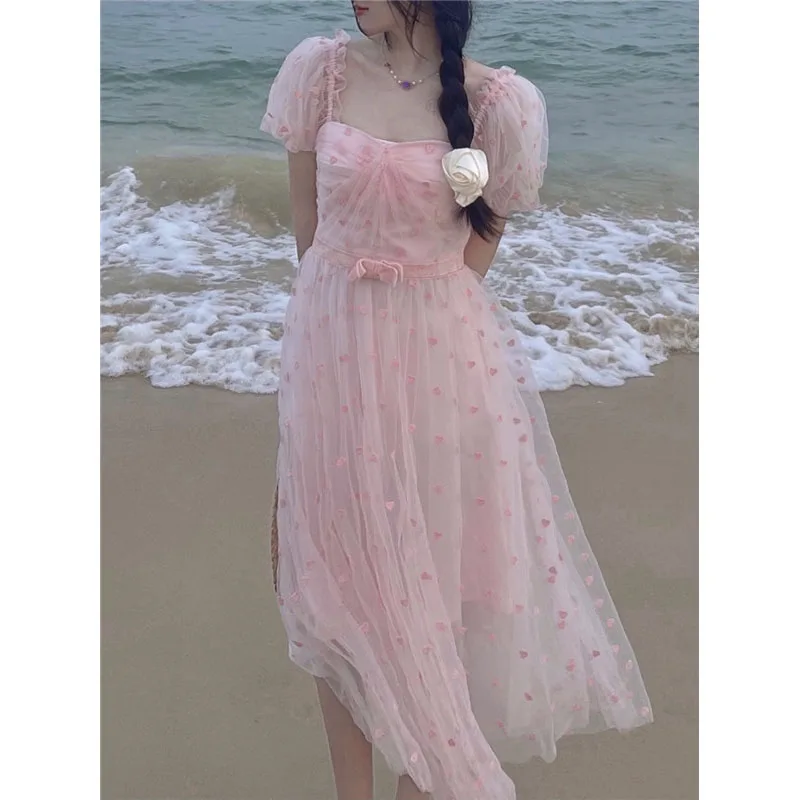 

2021 Summer Pink Korean Elegant Sweet Dress Women French Floral Casual Dress Female Kawaii Princess Designer Beach Fairy Dress