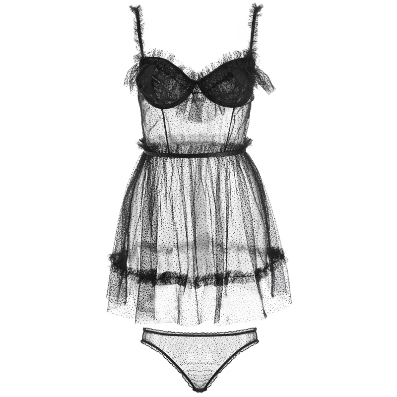 

Summer Sexy Nightdress Black Dot Pattern Sexy Lingerie Sleepwear Panties Suit for Women Lingerie Mini Dress Women Pijamas Dress