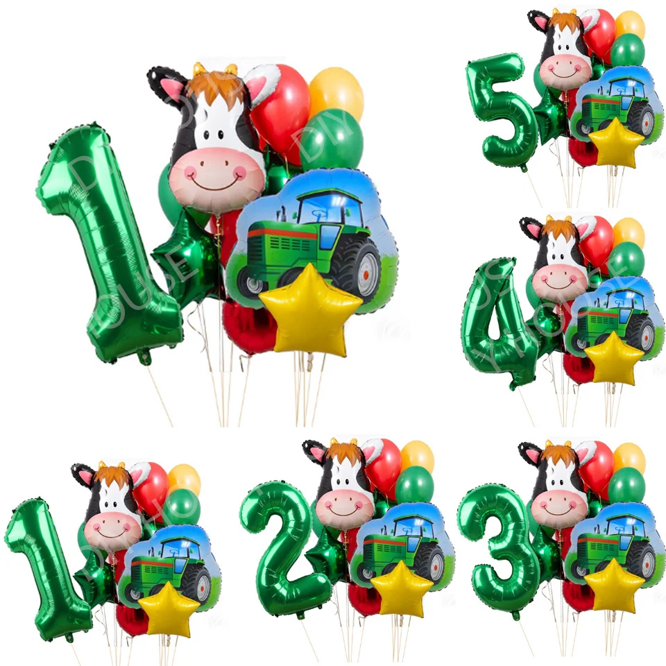 

16pcs Tractor Cow Balloon Set With 1-9 Green Digital Balloon for Kids Farm Themed Birthday Party Decoration Tractor Party Supply