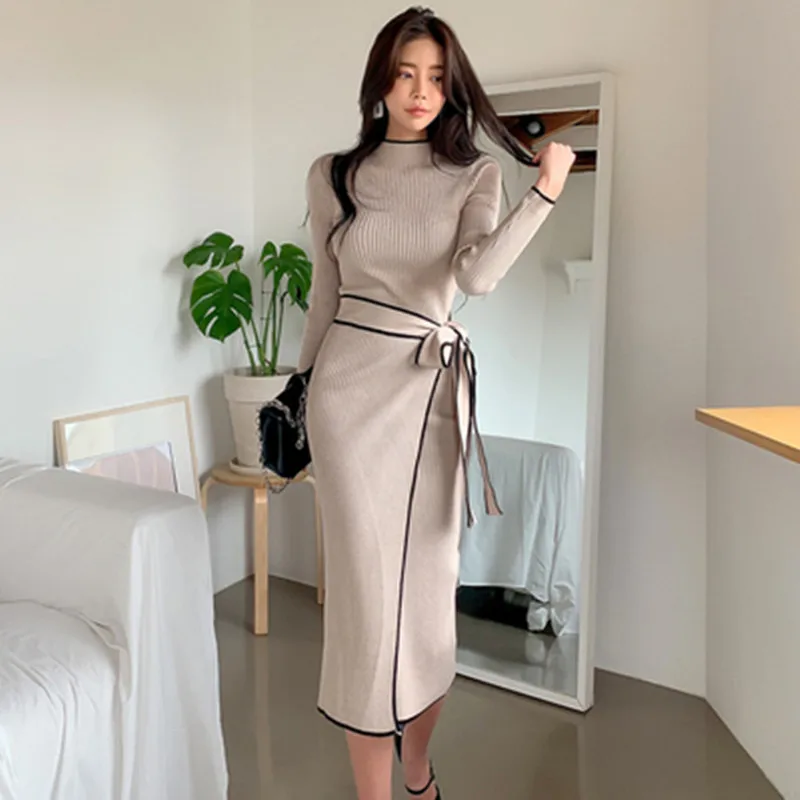 Elegant Knitted Dresses Women Fall Winter New Warm Half Turtlenck Long Sleeve Lace Up Bow Wrap Hip Sweatrer Dress Robe Femme