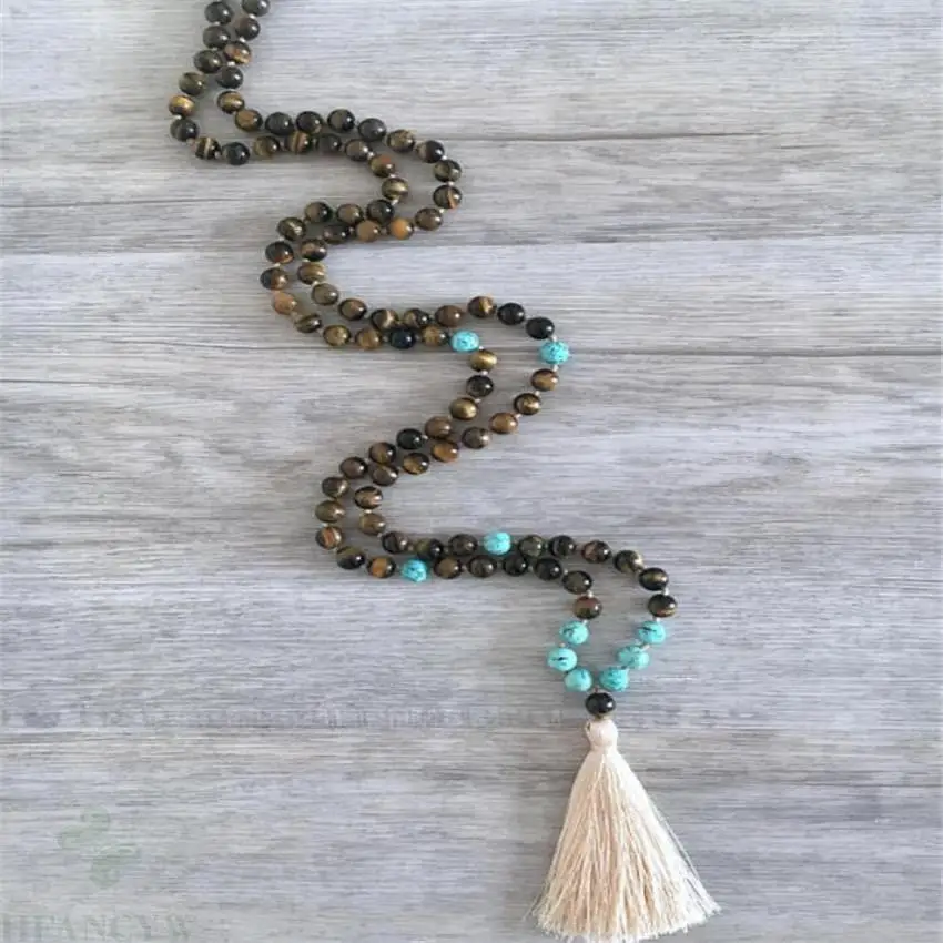 8 мм тигровый глаз ювелирный камень бирюза кисточка Мала ожерелье 108 бусин