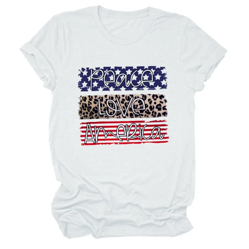 Women Peace Love America Leopard Print Trendy Floral Streetwear Funny Short Sleeve Aesthetic Soft Tee Top Casual T-Shirt | Женская