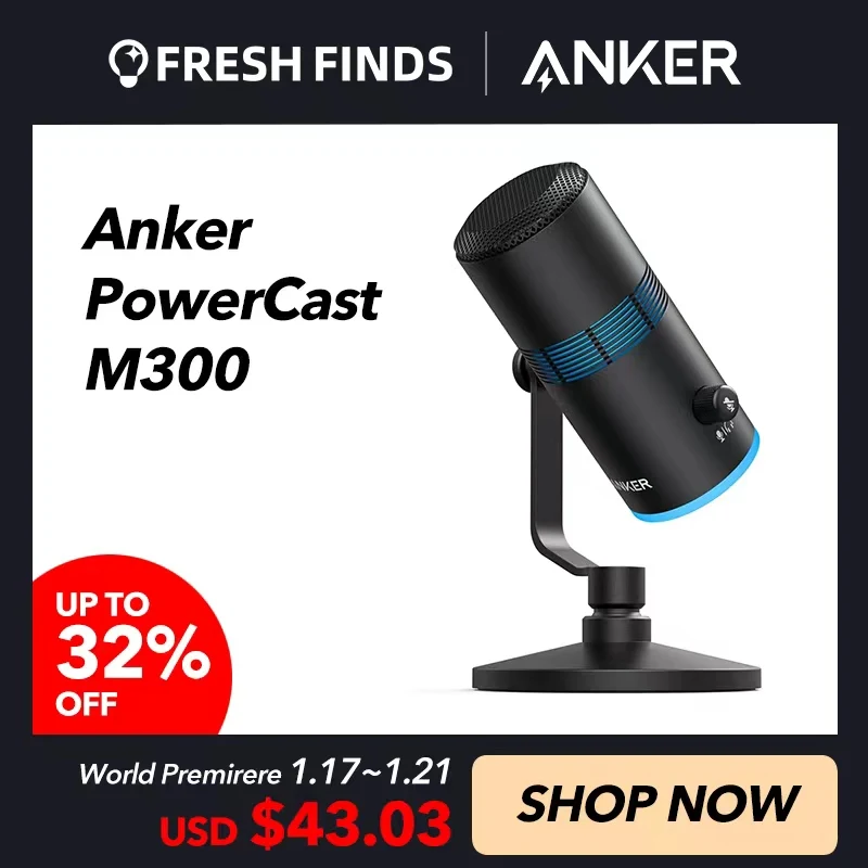  USB-микрофон Anker PowerCast M300 для ПК, качественные наушники для вокала и игр в потоковой трансляции, наушники для YouTube, Контроль усиления и отк…