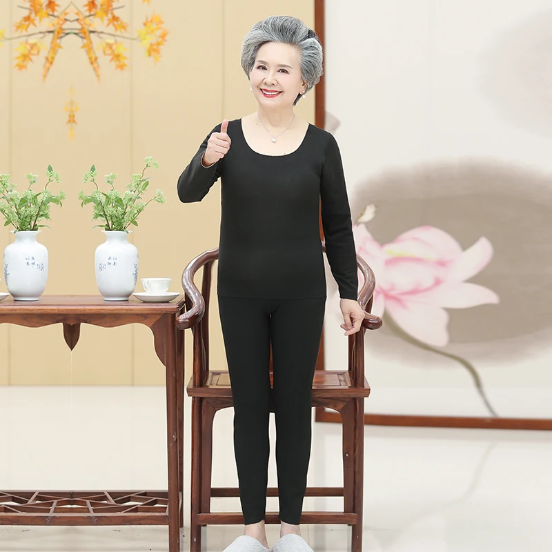 

Elderly Women Long Johns Thermal Skin-friendly Underwear Grandma Mother Intimates Light Purple Pink Black Lingerie 2PC Set Lady