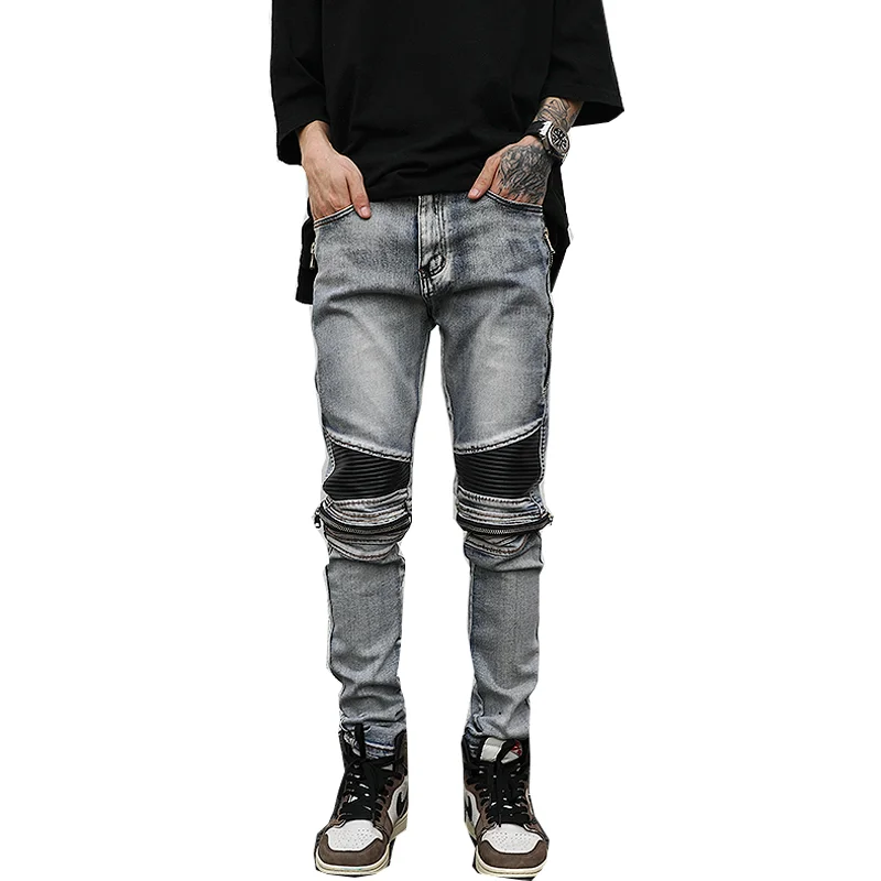 Street zippered motorcycle jeans men's slim denim stretch denim trousers motorcycle pants slim hip-hop pants