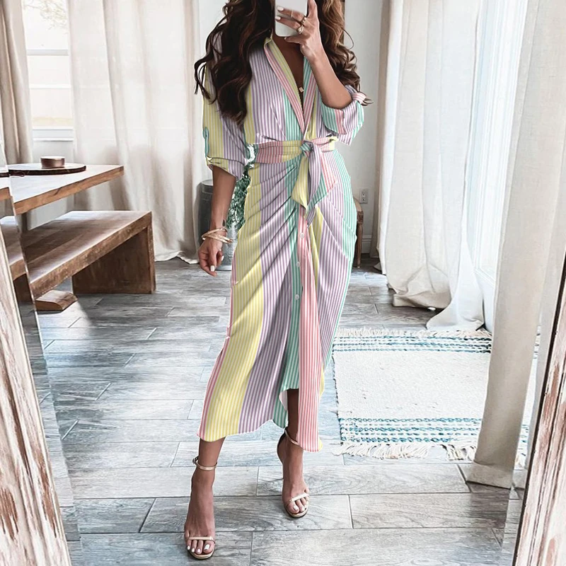 

Autumn Pattern Chain Print Long Shirt Dress Women Spring Turn-down Collar Button Split Party Dress Sexy Slim Fit Pleated Dresses