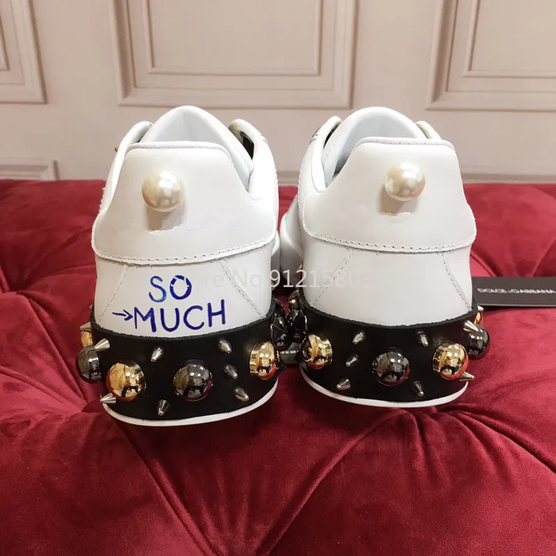 

Graffiti Casual Shoes Rivet Off White Shoes Lace Up White Flats Shoes Zapatos De Mujer Designer Brand Luxury Women Shoes 2020