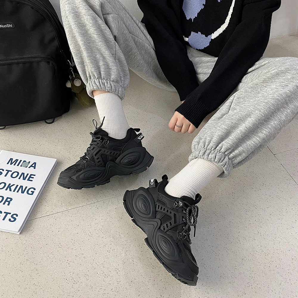 

2021 Women's Chunky Sneakers Fashion Platform Mesh Women Casual Shoes Tennis Black Woman Vulcanized Shoes Female Designer New