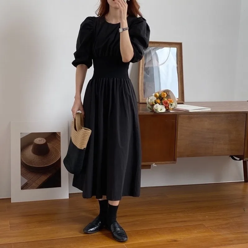 

KUSAHIKI Dresses Women Puff Short Sleeve O-neck Dress 2021 Spring Summer Stretch High Waist A-line Mid-calf Vestidos Mujer 6G015