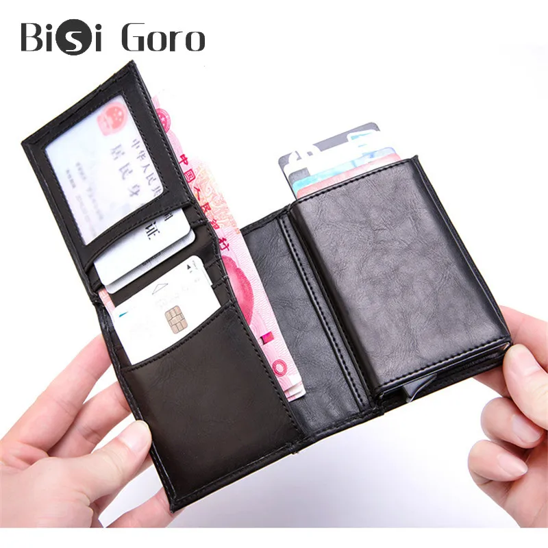 

BISI GORO RFID Blocking Business Men Card Wallet Metal Aluminium Box PU Leather Automatic Pop Up Wallet Credit ID Card Holder