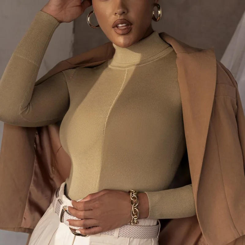 Jumpsuit Bodysuit Solid Long-Sleeved Knitted High-Necked High Street Wear Autumn Winter Slim Women Fitness Clothes 2021