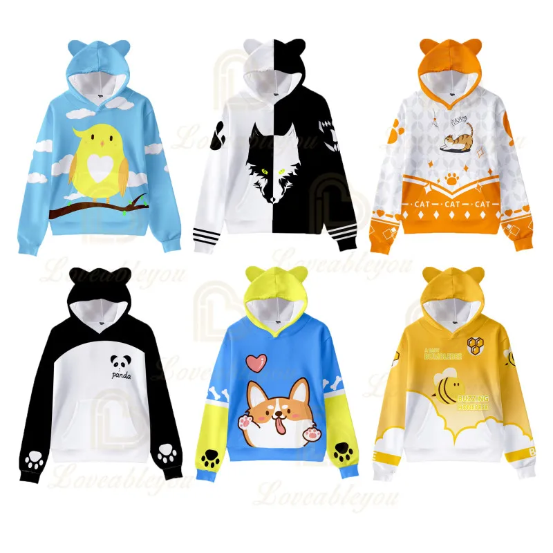 

3d Hoodie with Ears Female Sweatshirts Dog Chick Print Children's Cat Ears Hooded Boys Girls Spring Kawaii Hoody Pullovers