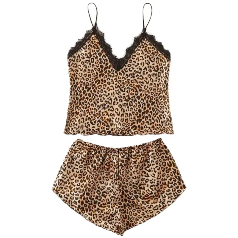 

Womens Leopard Print 2 Piece Lingerie Pajamas Set Eyelash Flroal Lace Trim Camis Top Elastic Waist Shorts Sexy Spaghetti Strap S