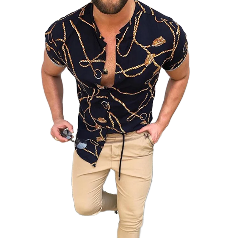 

2020 Printing Slim Fit Black Men's Casual Shirt Short Sleeve Formal Dress Shirts Men Male Clothing Camisa S-3XL